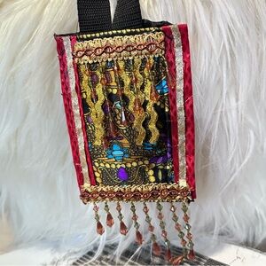 Collage beaded necklace purse Fiber Art Handmade Signed Wallet Bohemian